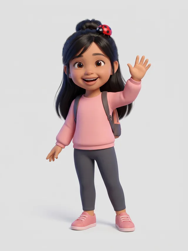 Camila in a pink top, waving