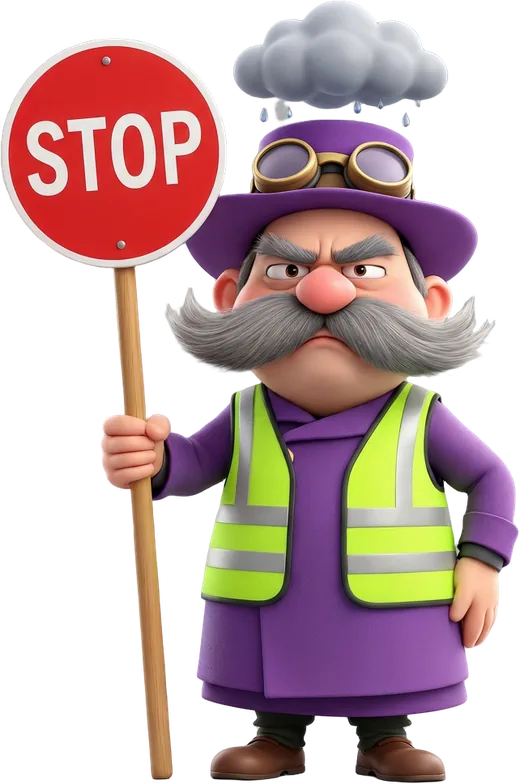 Captain Crumple in a purple hat and goggles, holding a stop sign, with a small grey cloud over his head
