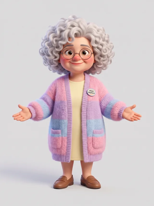 Miss Mallow, a smiling teacher in a pastel cardigan