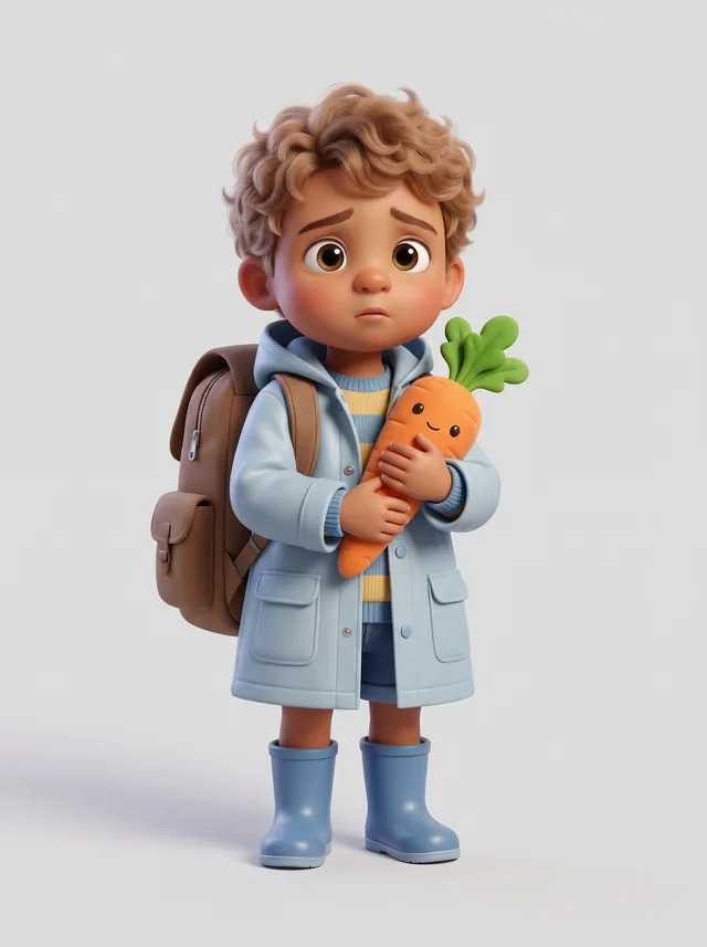 Pip in a raincoat, holding a toy carrot