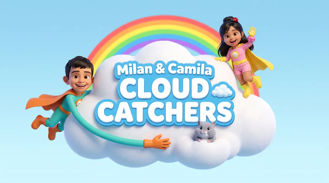 Milan and Camila flying beside the Cloud Catchers title, with a rainbow and Cookie the hamster on a cloud